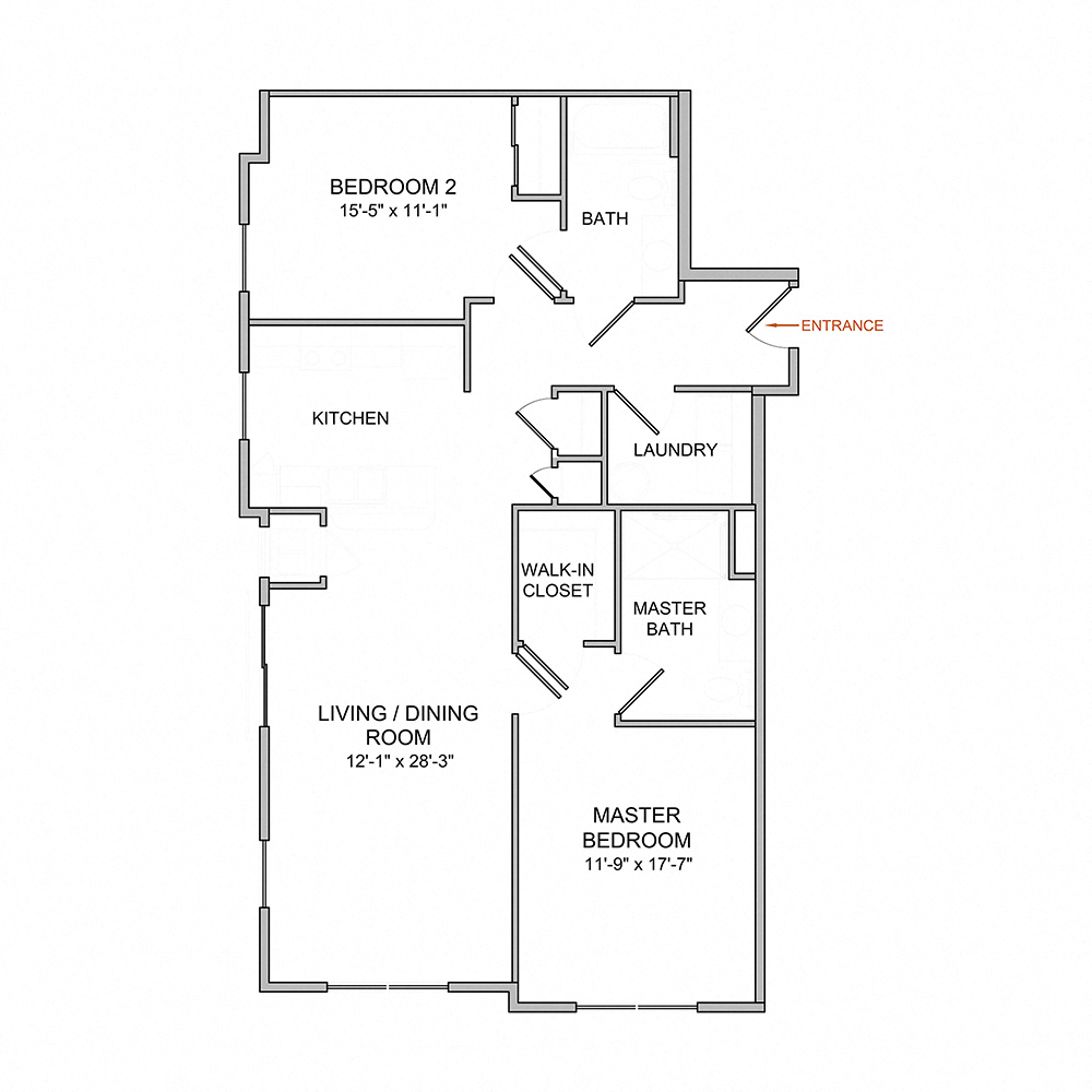 Floor plan for 2 beds, 2 baths, 1108 sqft